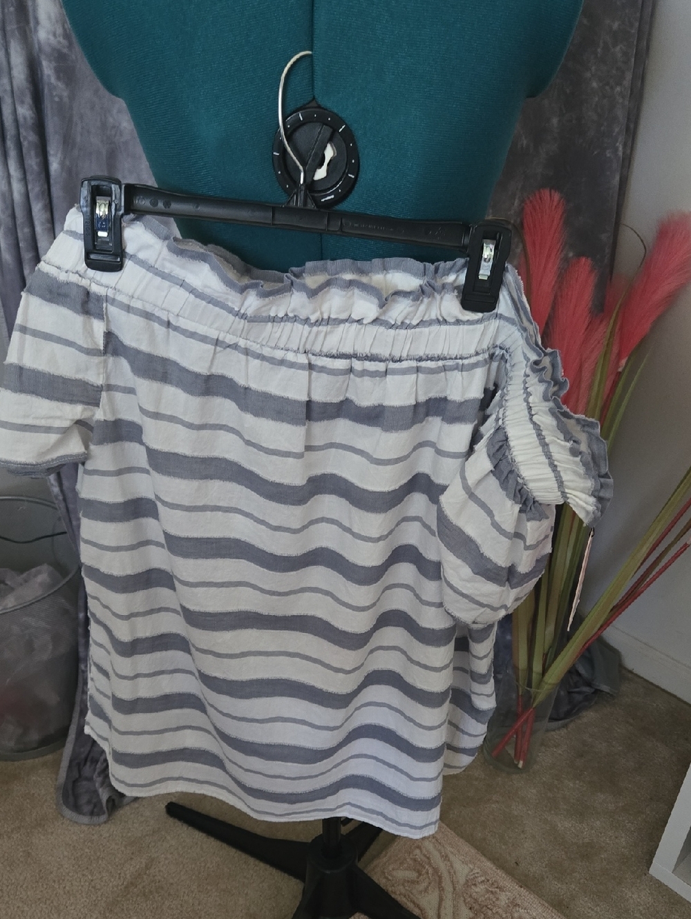 Juicy Couture Striped Off-Shoulder Top in Gray and White